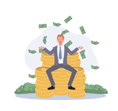 Zengin iş adamı konsepti. Milyonerler mi? Para yığınının üzerinde oturan bir iş adamı. Vektör İllüstrasyonu