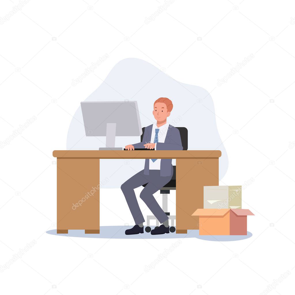 Businessman working on computer. Vector illustration.