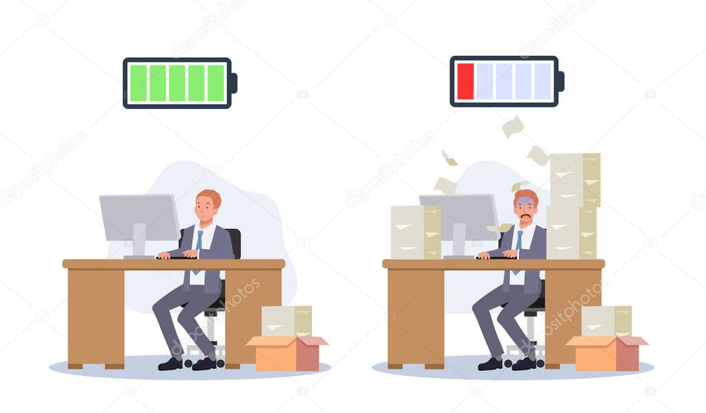 Businessman with full and low battery working on computer. Overload Businessman. Burnout. vector illustration