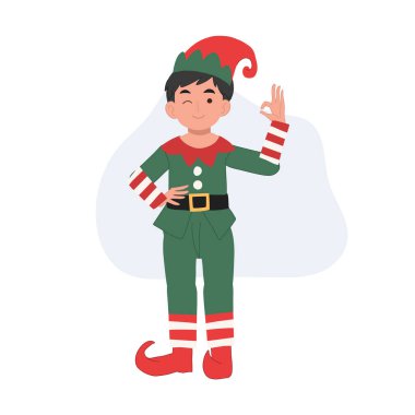 Genç noel elf çocuğu el işaretini iyi yapıyor. Vektör illüstrasyonu