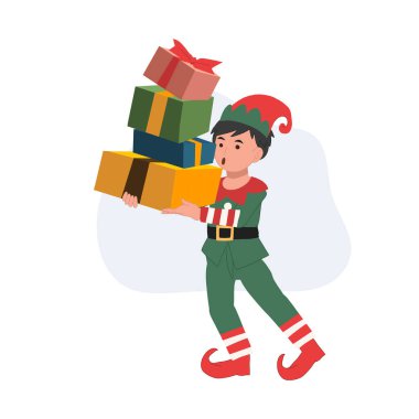 Bir sürü hediye kutusu olan şirin, genç bir noel elf çocuğu. vektör illüstrasyonu