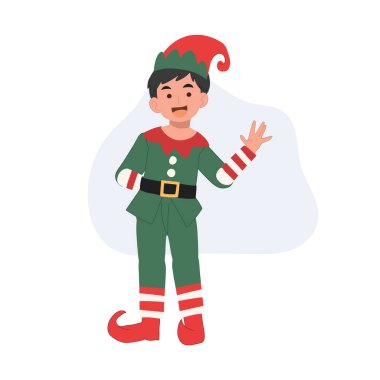 Genç noel elfi çocuk mutlu noeller diliyor. Vektör illüstrasyonu