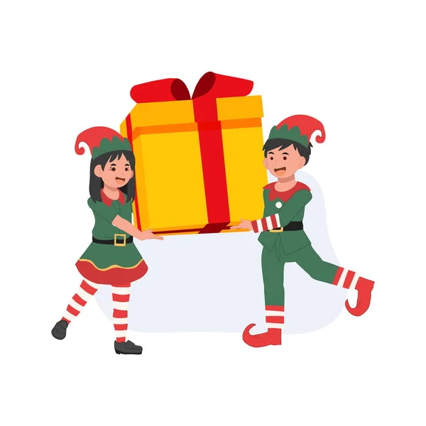 Nette Junge Weihnachtselfen Kinder Mit Großer Geschenkbox Vektor Illustration — Stockvektor