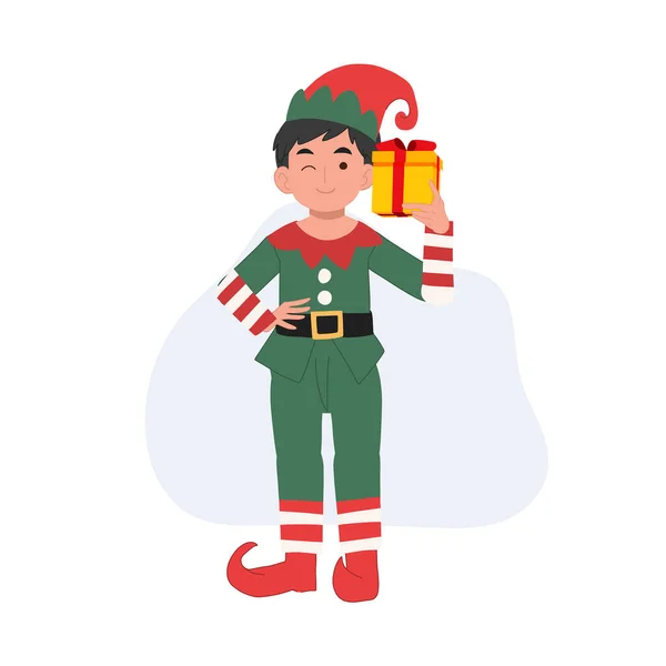Niedliche Junge Weihnachtselfen Junge Mit Geschenk Box — Stockvektor