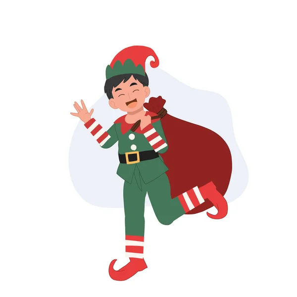 Junge Weihnachtselfen Mit Einem Weihnachtsmann Geschenksack Vektorillustration — Stockvektor