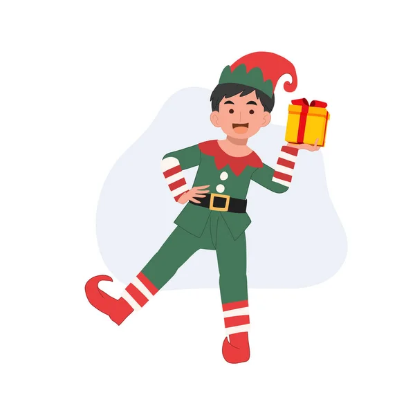 Niedliche Junge Weihnachtself Junge Mit Geschenk Box Vektor Illustration — Stockvektor