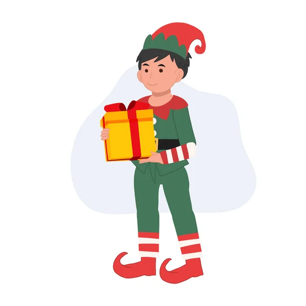 Netter Junger Weihnachtselfenjunge Mit Geschenkbox Vektorillustration — Stockvektor