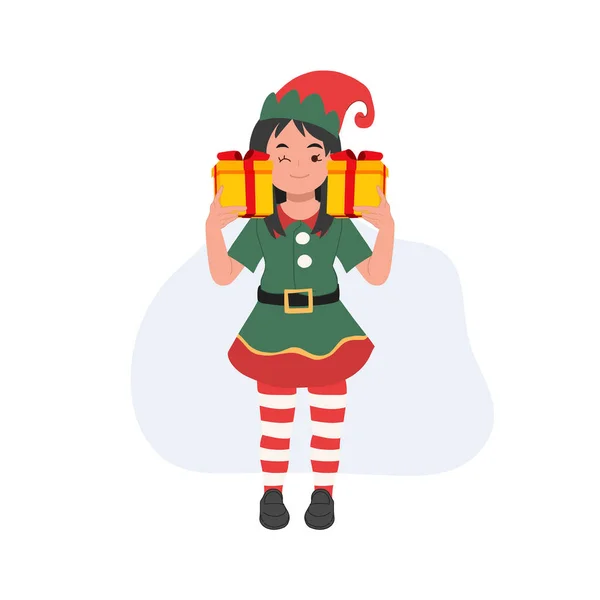 Nettes Junges Weihnachtselfenmädchen Mit Geschenkbox Vektorillustration — Stockvektor