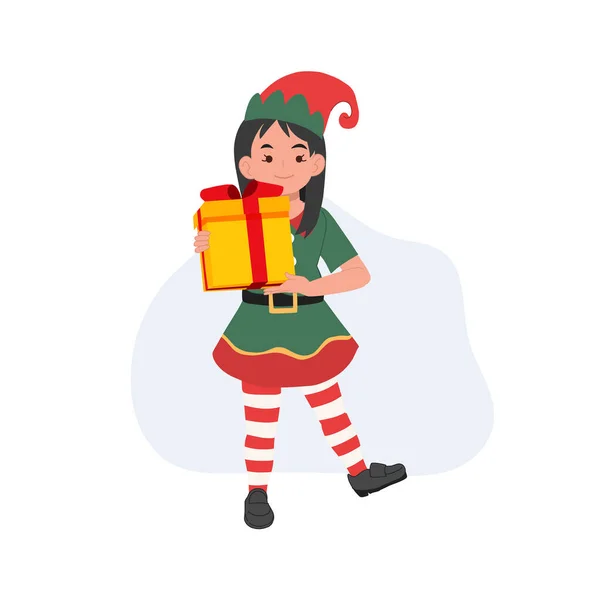 Nettes Junges Weihnachtselfenmädchen Mit Geschenkbox Vektorillustration — Stockvektor