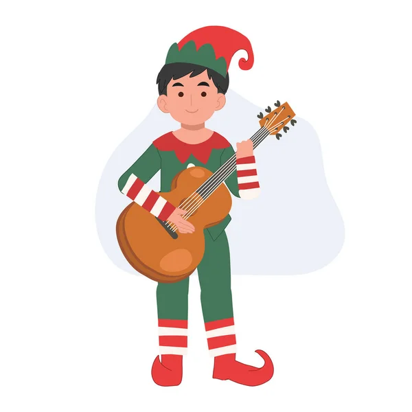 Nettes Junges Weihnachtselfenmädchen Spielt Gitarre Vektorillustration — Stockvektor
