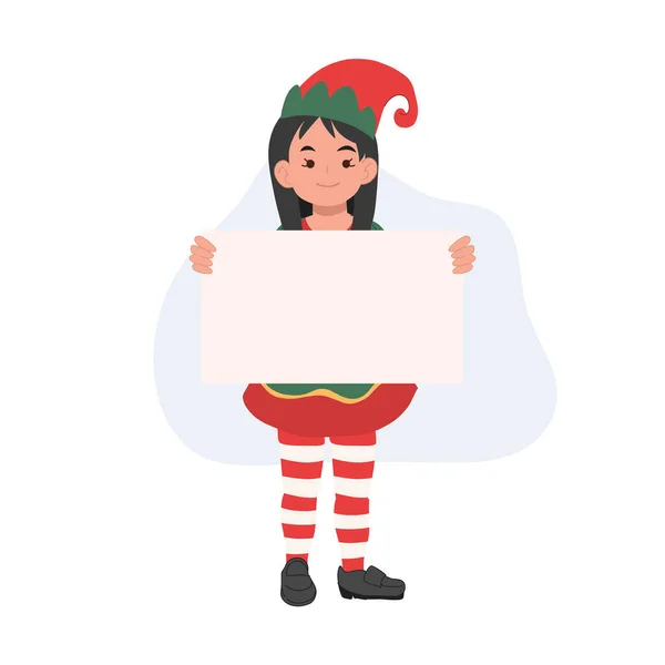 Joven Elfo Navidad Chica Con Signo Ilustración Vectorial — Vector de stock