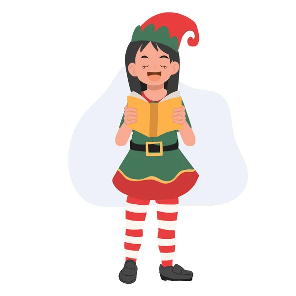 Young Christmas Elf Kid Singing Song Vector Illustration — Stock Vector