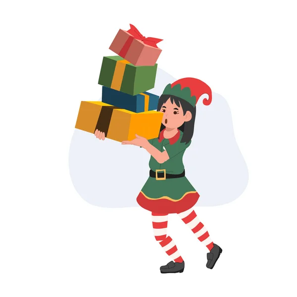 Cute Young Christmas Elf Girl Lot Present Boxes Vector Illustration — Stock Vector