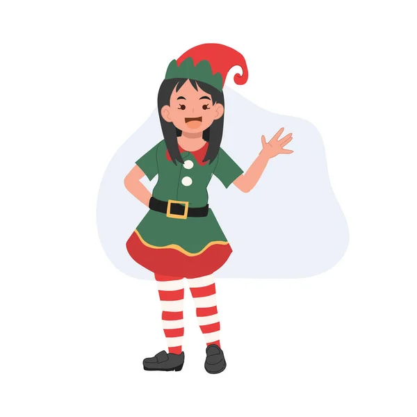 Junge Weihnachtselfen Kind Sagt Hallo Frohe Weihnachten Vektorillustration — Stockvektor