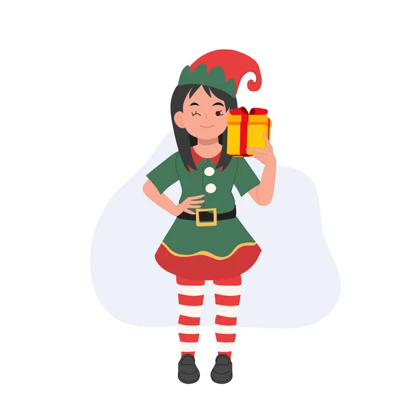 Jolie Jeune Fille Elfe Noël Avec Boîte Cadeau Illustration Vectorielle — Image vectorielle