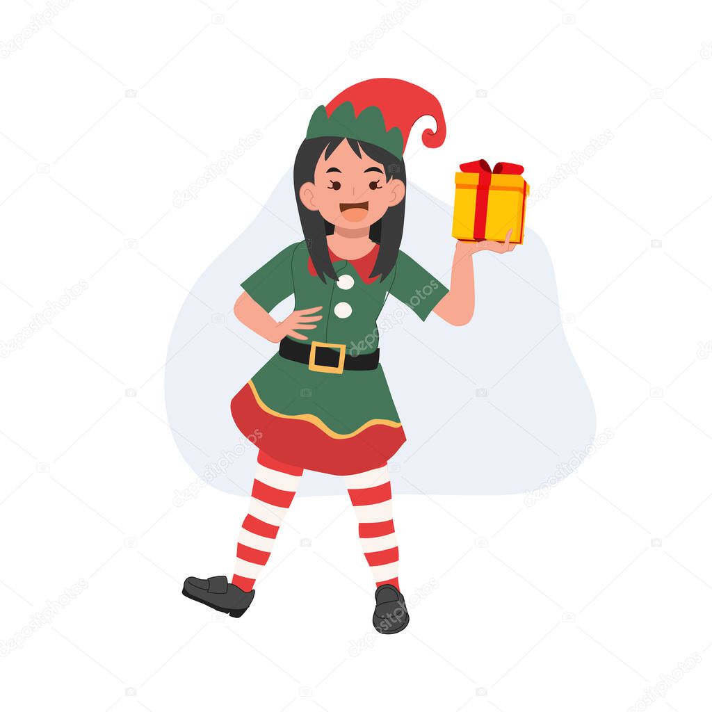 Cute young christmas elf girl with present box. vector illustration