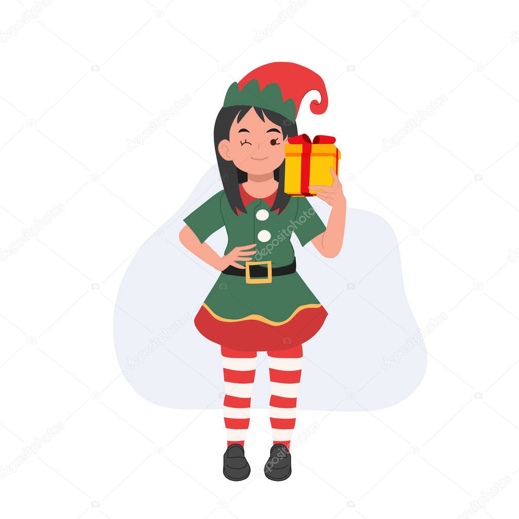Cute young christmas elf girl with present box. vector illustration.