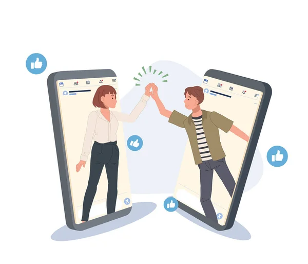 Vrienden Begroeten Met High Five Gebaar Van Mobiele Telefoon Virtuele — Stockvector