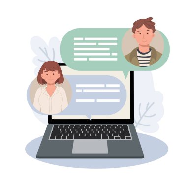 Bilgisayarda sohbet mesajları, sohbet eden baloncuk uyarıları olan dizüstü bilgisayar, internette mesajlaşan insanlar konsepti. Vektör illüstrasyonları.