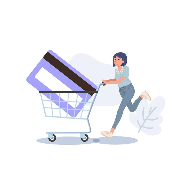 Vrouw Run Shopping Cart Card Creditcard Binnen Winkelconcept Vectorillustratie — Stockvector