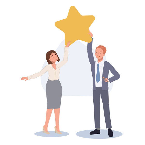 Two of businesspeople reached a star. Teamwork, target aspiration, competition concept. vector illustration.