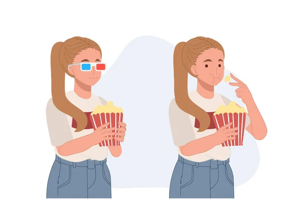 Set Woman Glasses None Eating Popcorn Cinema Movie Vector Illustration — Stock Vector