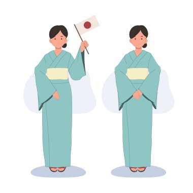 Geleneksel Japon yaz kıyafetleri giyen kadın, YUKATA. Japon kadın Japon bayrağı taşıyor. Vektör illüstrasyonu.