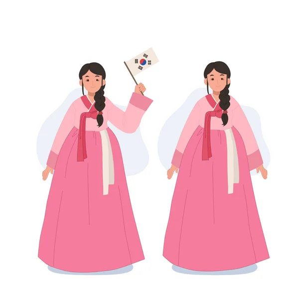 Sydkoreansk Kvinna Traditionell Klänning Hanbok Sydkoreansk Kvinna Med Sydkoreansk Flagg — Stock vektor