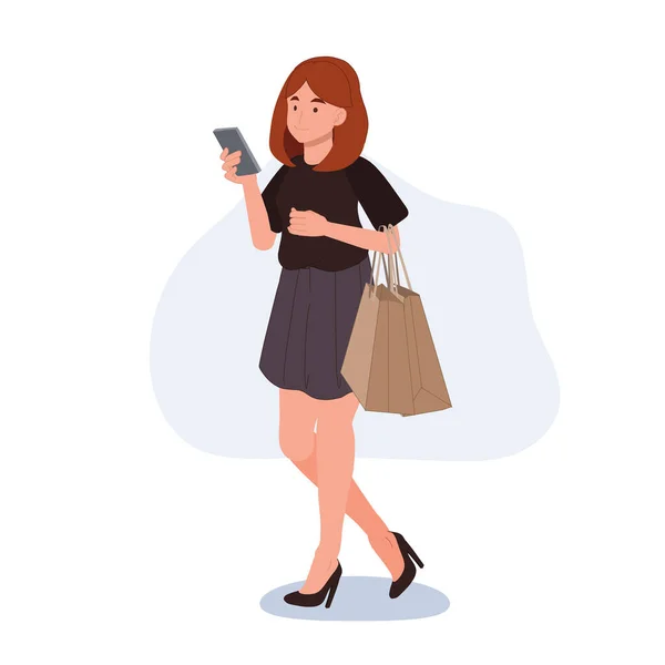 Schöne Frau Mit Smartphone Beim Gehen Und Einkaufen Vektorillustrationen — Stockvektor