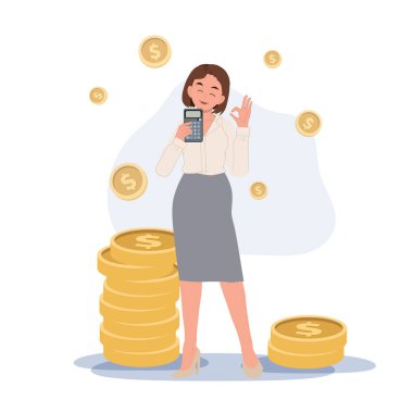 Gülümseyen mutlu kadın hesap makinesi gösteriyor ve el işareti yapıyor. finansal konsept. Vektör illüstrasyonu.