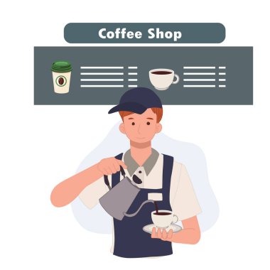  Önlük giymiş bir adam fincana kahve dolduruyor, kahve makinesi. Erkek barista. Vektör illüstrasyonu.