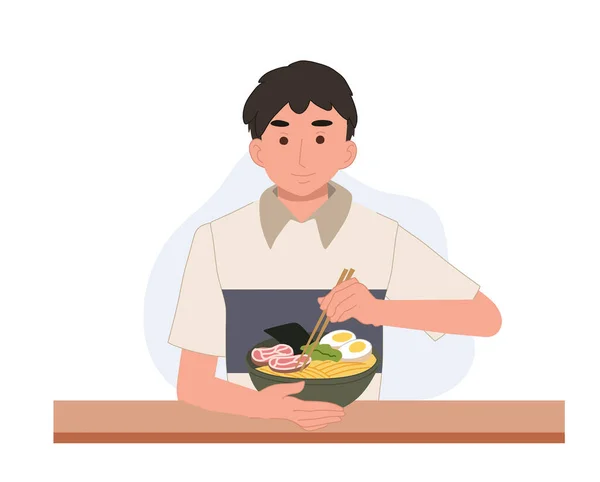 Ramen yiyen bir adam. Vektör illüstrasyonu