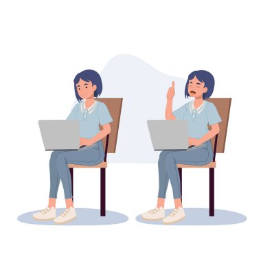 Dizüstü bilgisayarı olan kadın oturuyor. Laptop 'la çalışıyorum. El hareketi yapıyorum. Vektör illüstrasyonu.