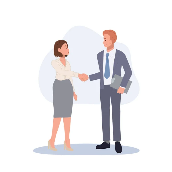 男人和女人握手在交易中取得的成就 办公室职员握手 签订合同 团队合作 伙伴关系 — 图库矢量图片