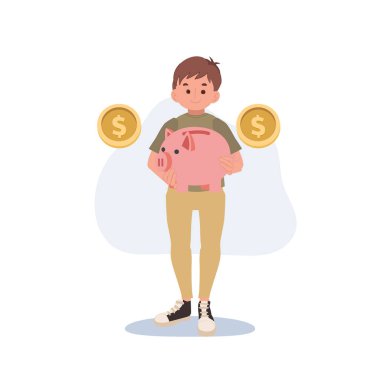 Küçük şirin çocuk domuz kumbarası taşıyor. Çocuk finansmanı ve tasarruf kavramı. Vektör illüstrasyonu