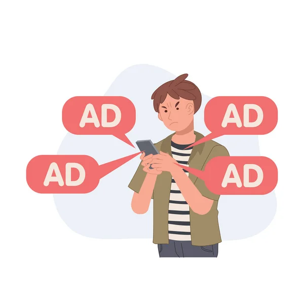 Angry Annoying Man Ads Notifications Smartphone App Internet Spam Vector — Stock Vector