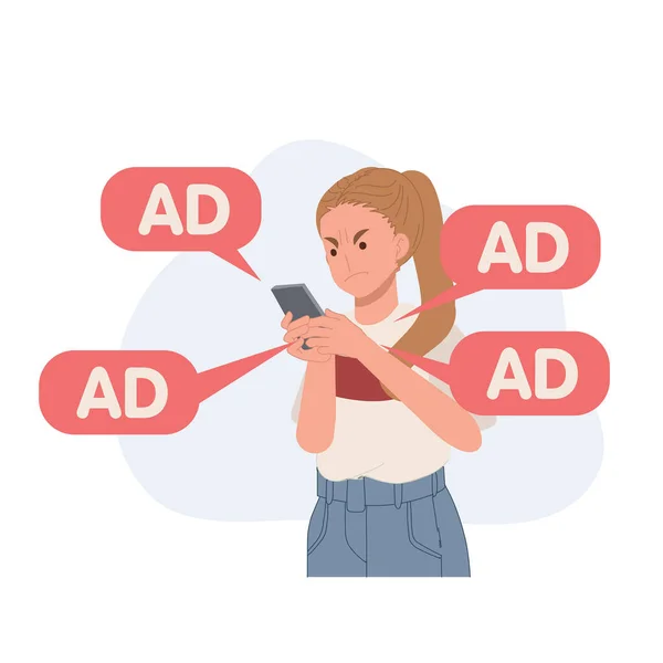 Woman Feel Angry Annoying Ads Notifications Smartphone App Internet Spam — Stock Vector