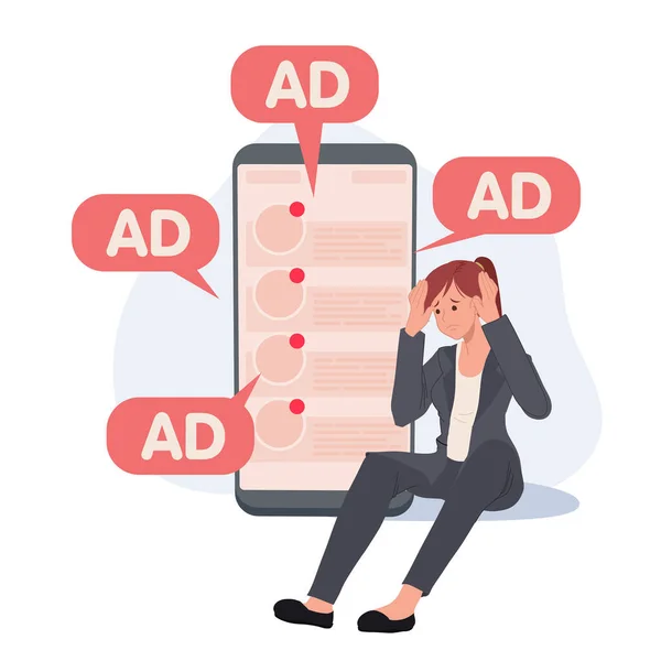 Annoying Notifications Online Advertising Smartphone Sad Woman Annoy Spam Vector — Stock Vector
