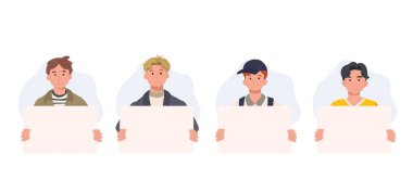 Elinde boş pankartlar olan bir grup adam. Elinde bayrak tutan mutlu adamlar. Vektör illüstrasyonu.