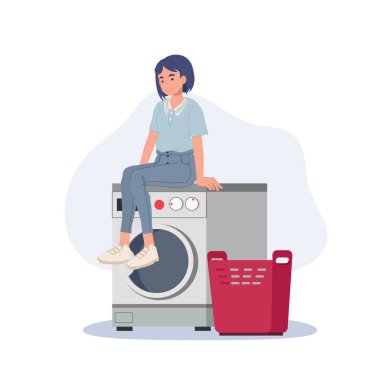Çamaşır makinesinin başında oturan kadın çamaşır makinesinin sonunda bekliyor. Vektör illüstrasyonu.