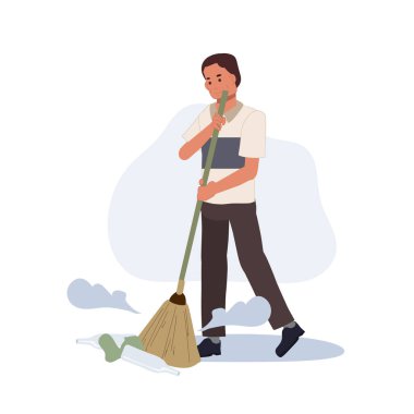 Yerleri süpüren bir adam, evde çalışan bir koca. vektör Resimleri