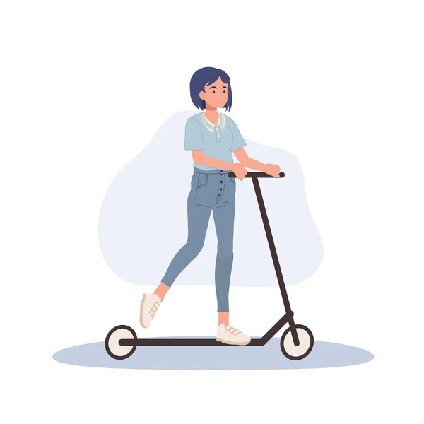 Woman Riding Kick Scooter Active Lifestyle Eco Transport Vector Illustration — Stock Vector