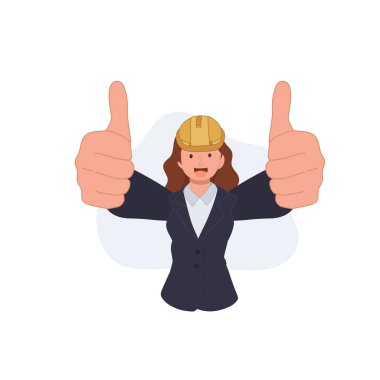 İkinci kadın mühendis jest gibi, baş parmağını kaldır. İyi kalite konsept. Vektör illüstrasyonu