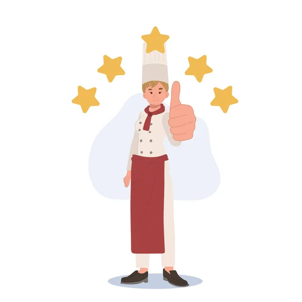 フル長さの女性シェフや5つ星の親指でパン屋 ベクトル漫画イラスト — ストックベクタ