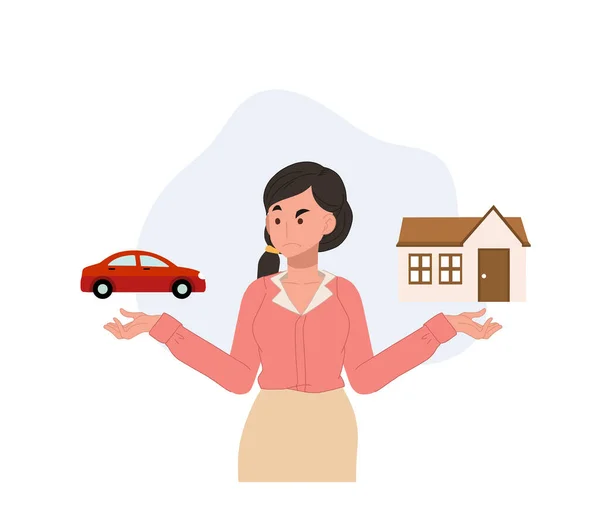 Žena Která Chce Koupit Dům Nebo Auto Rozhodněte Mezi Domem — Stockový vektor