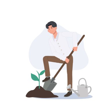 Gezegen ve Doğa Bakımı kavramı. Adam ağaç dikiyor. Vektör illüstrasyonu 