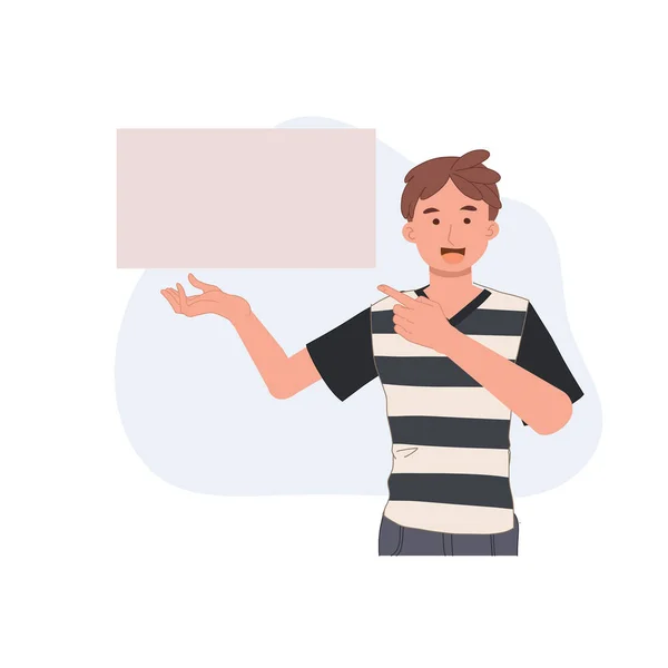 Hombre Mostrando Pancarta Personaje Masculino Apuntando Póster Para Mostrar Presentación — Vector de stock