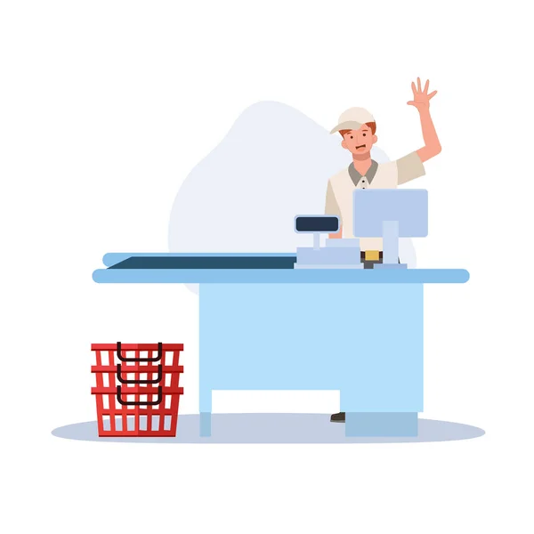 Šťastný Obchod Smíšeným Zbožím Nebo Pokladní Supermarketu Pokladně Vektorová Ilustrace — Stockový vektor