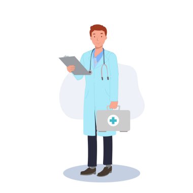 İlk yardım çantası ve panosu olan doktor. Hastanede erkek karakterler çalışıyor. Erkek tıbbi karakterler. Vektör illüstrasyonu
