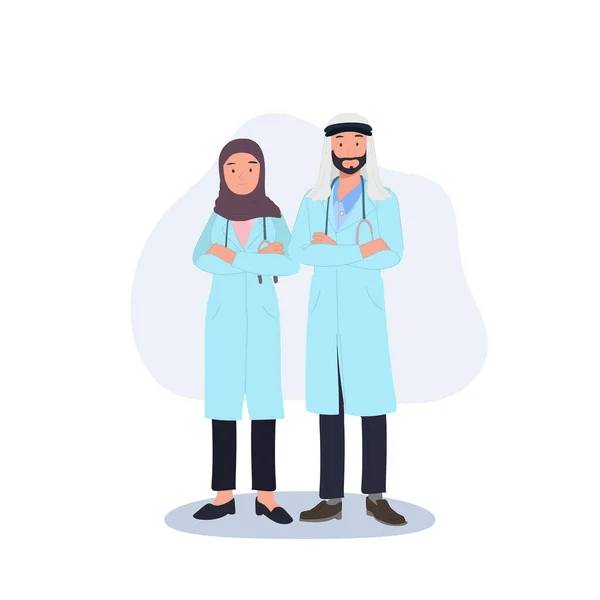 Medizinische Charaktere Nahostmediziner Arabische Ärzte Ärzteteam Vektorillustration Für Muslime — Stockvektor